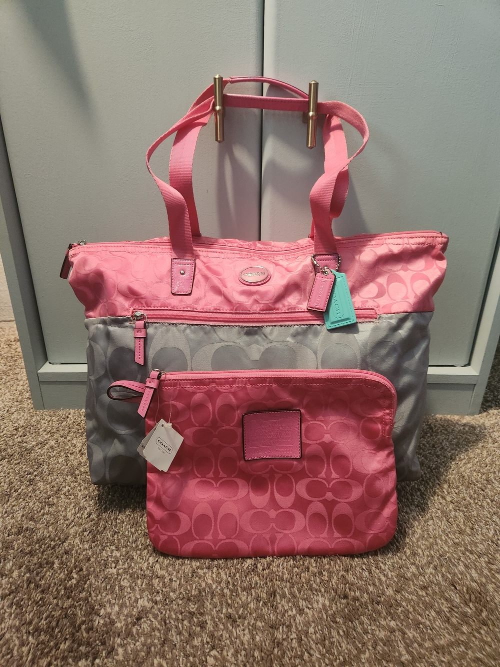 Coach Pink Gray Weekender Combo Bag Tote Duffel Travel New Tags Makeup 19x11x8